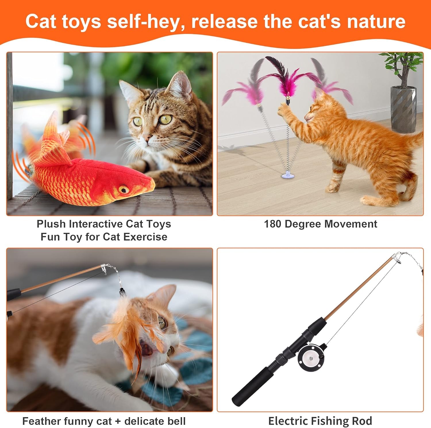 Cat Toy with Moving Fish and Sea Pole (Orange) Realistic Moving Fish Flopping Interactive Wiggle Moving Cat Kicker Fish Toy with Plush Interactive Cat Toys, Fun Toy for Cat Exercise