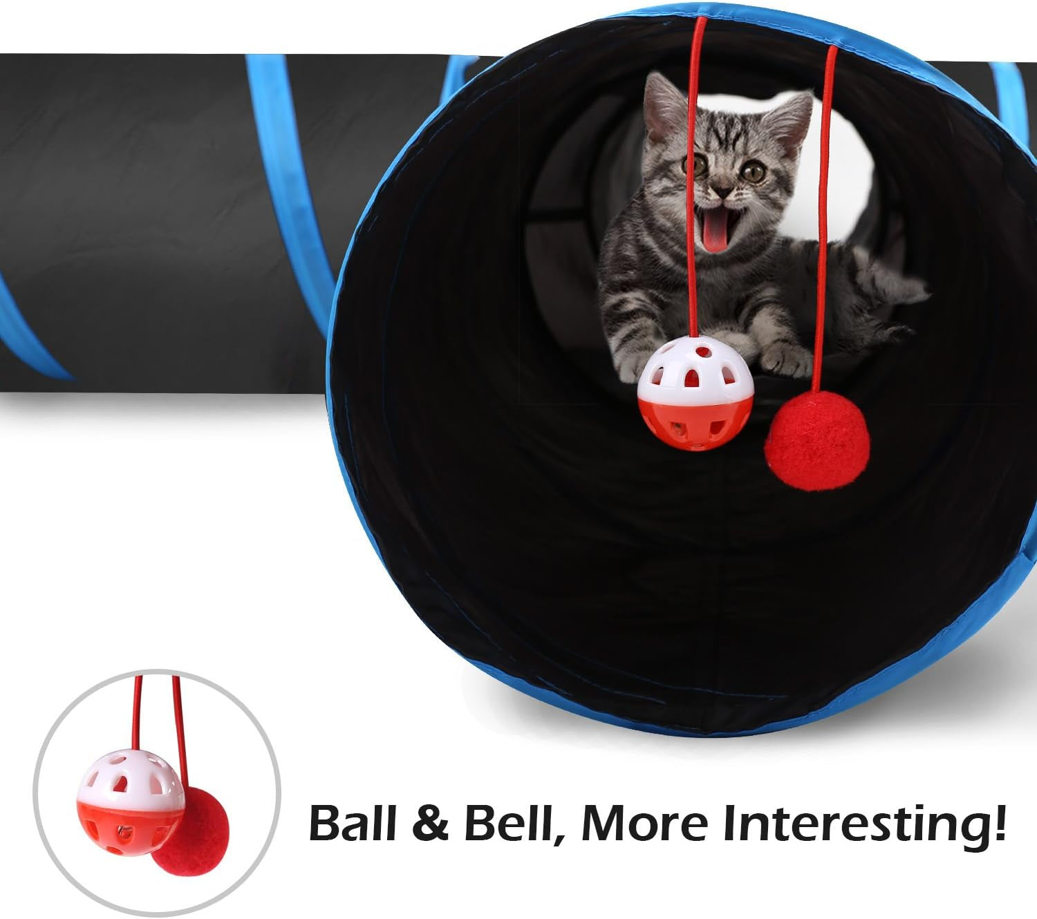 Cat Toys - 4 Way Cat Tunnel, Tube & Play Tent, 25X53Cm, Extensible, Interactive Maze with Balls & Bells for Kitten & Small Animal, Blue