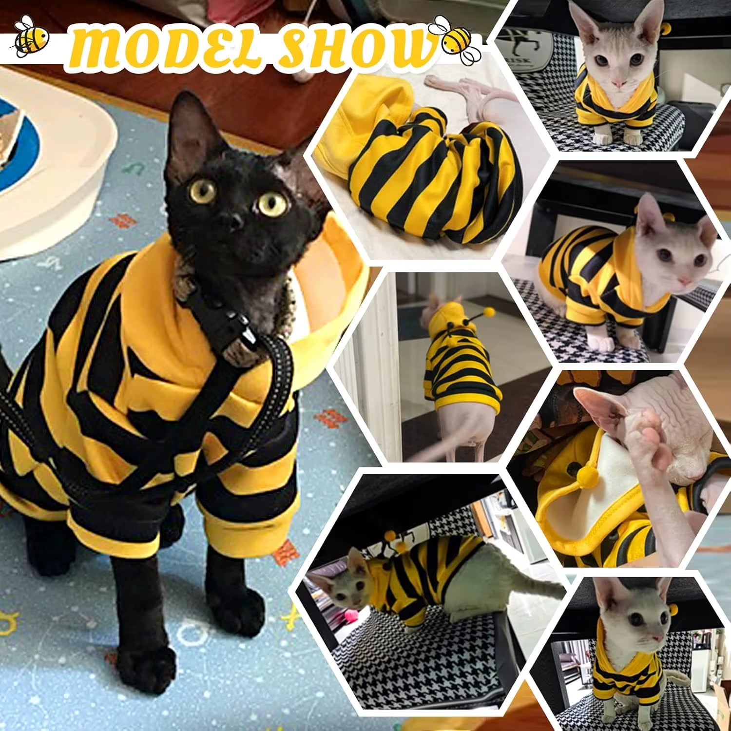 Funny Pet Bee Costumes Cat Clothes Stripe Hooded Cat Hoodies for Cats Kitten, Easter Halloween Dress up Party