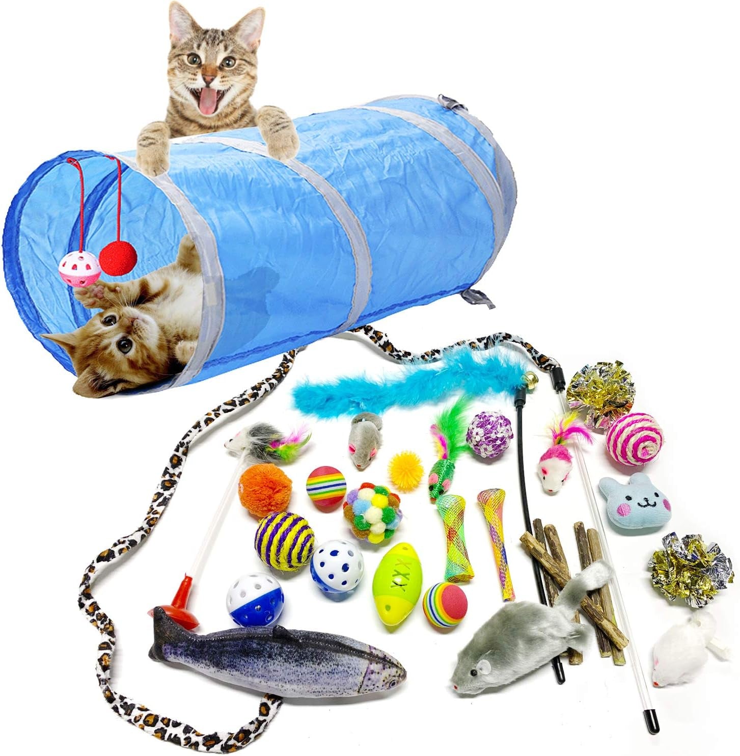 31PCS Cat Toys Kitten Toys Assortments, 2 Way Tunnel, Cat Feather Teaser - Wand Interactive Feather Toy Fluffy Mouse, Crinkle Balls for Cat, Puppy, Kitty, Kitten