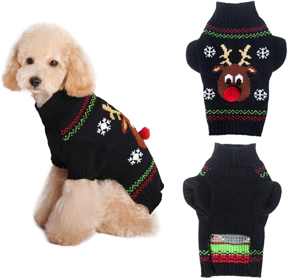 Pet Holiday Festive Deer Reindeer Cat Sweater Dog Sweater Winter Clothing Teddy Poodle Autumn Winter Clothes Pet Clothes Dog Clothes (Red Nose, Small)