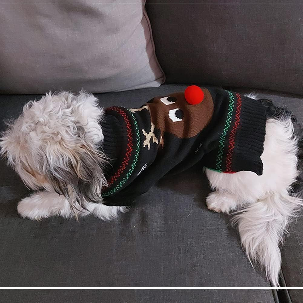 Pet Holiday Festive Deer Reindeer Cat Sweater Dog Sweater Winter Clothing Teddy Poodle Autumn Winter Clothes Pet Clothes Dog Clothes (Red Nose, Small)