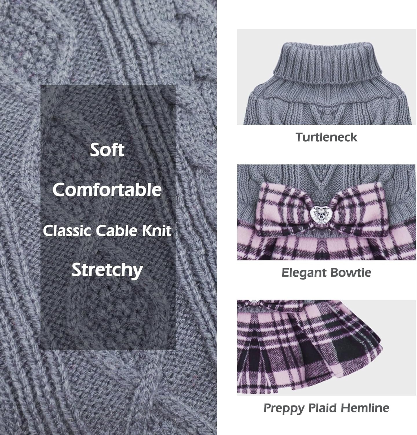 Dog Sweater Stretchy Knitwear Pet Sweater Dress Soft Turtleneck Cat Sweaters Comfy Dogs Clothes with Bowtie Warm Pullover Pet Coats Thick Dog Sweaters for Small Dogs Male, Grey, Medium