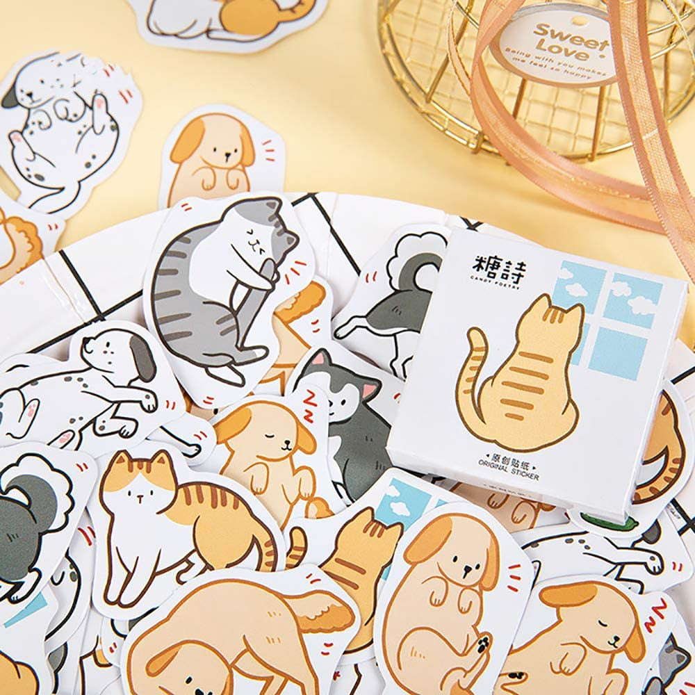 45PCS Cute Boxed DIY Cartoon Doggy and Cat Adhesive Paper Pets Shaped Stickers for Laptop Planners Scrapbook Cups Diary Notebooks Album Phone Case (Dog and Cat)