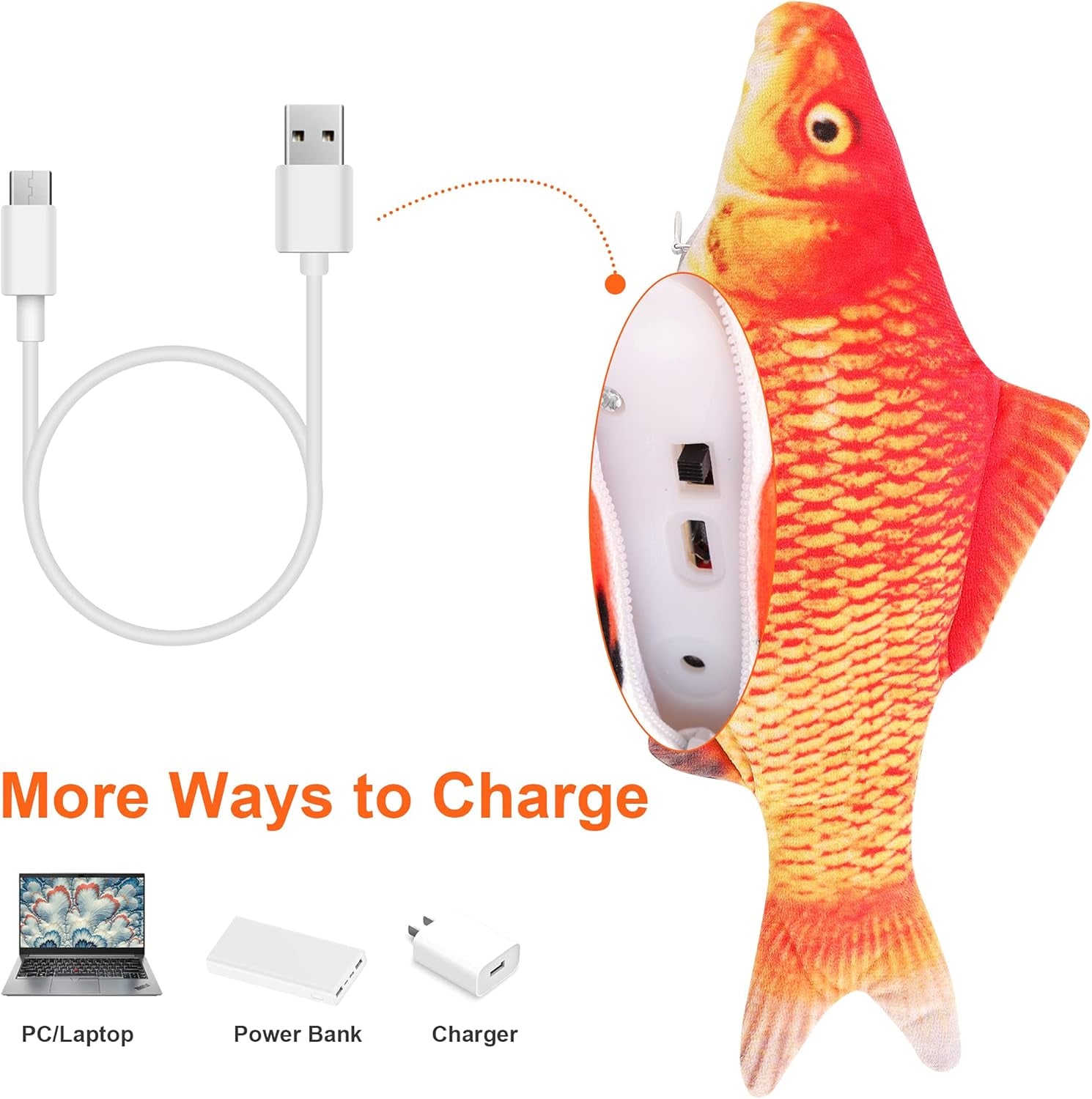 Cat Toy with Moving Fish and Sea Pole (Orange) Realistic Moving Fish Flopping Interactive Wiggle Moving Cat Kicker Fish Toy with Plush Interactive Cat Toys, Fun Toy for Cat Exercise