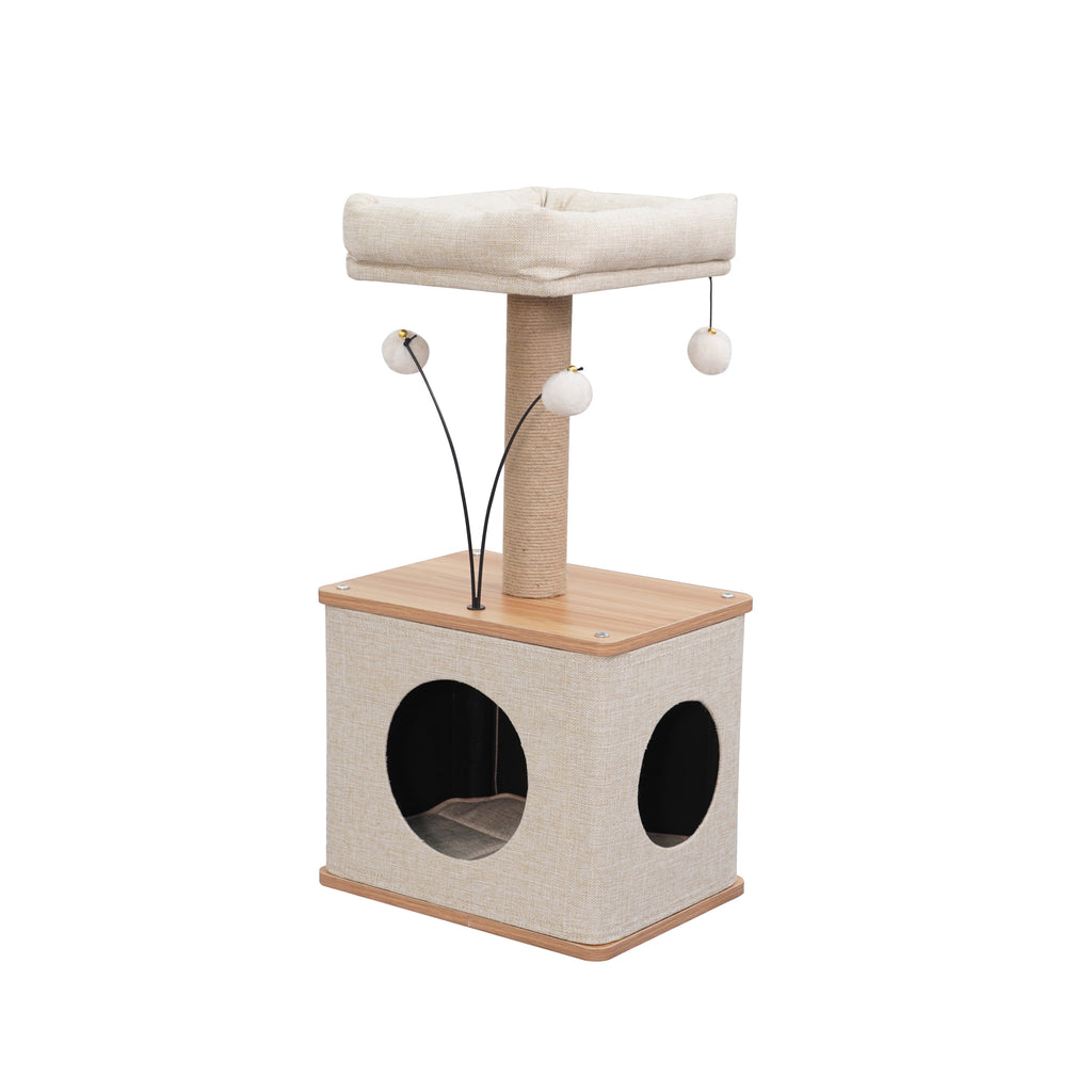3-Level 30" Minimalist Cat Tree with Large Condo and Perch, 3 Toys, Beige