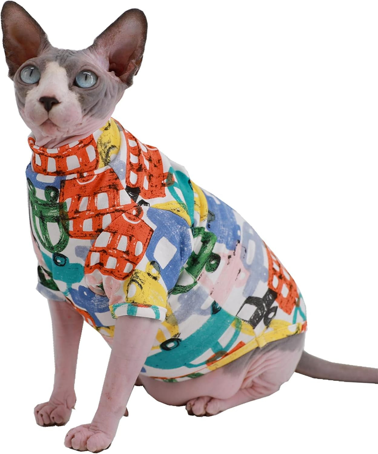 Sphynx Cat Clothes Breathable Summer Cotton T-Shirts for Cat Pajamas for Cats and Small Dogs Apparel, Hairless Cat T-Shirts (Small (Pack of 1), Color Car)