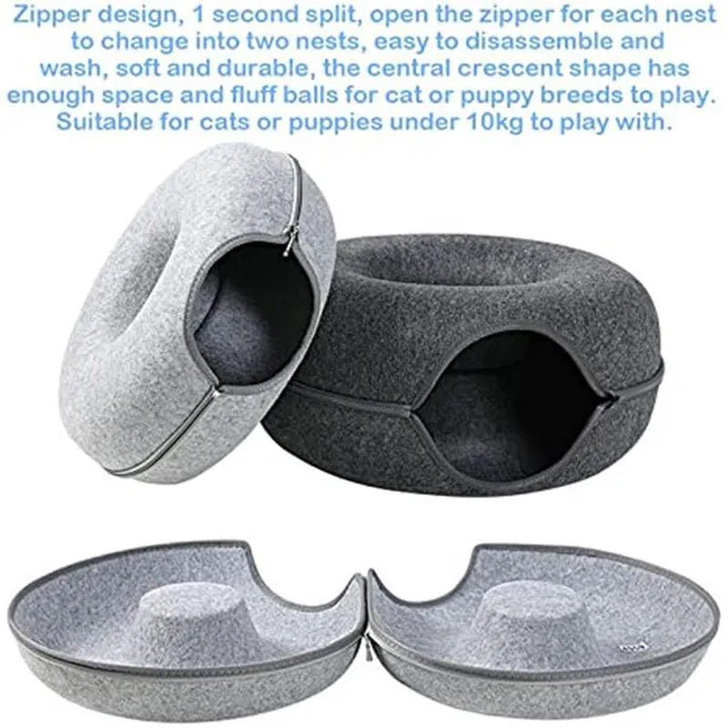Cat Tunnel Bed Felt Tunnel Cat Nest,Round Felt Donut Cat Nest, Removable Cat Bed House Nest with Zipper Four Seasons for Small Dog Cat Puppy Sleeping