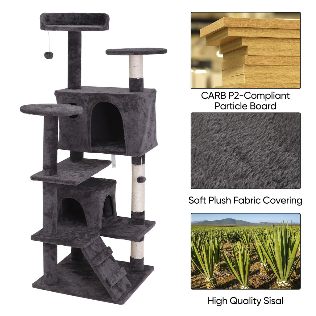 55-In Cat Tree & Condo Scratching Post Tower, Dark Gray