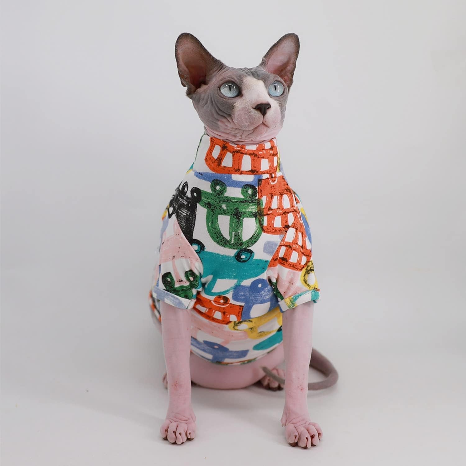 Sphynx Cat Clothes Breathable Summer Cotton T-Shirts for Cat Pajamas for Cats and Small Dogs Apparel, Hairless Cat T-Shirts (Small (Pack of 1), Color Car)