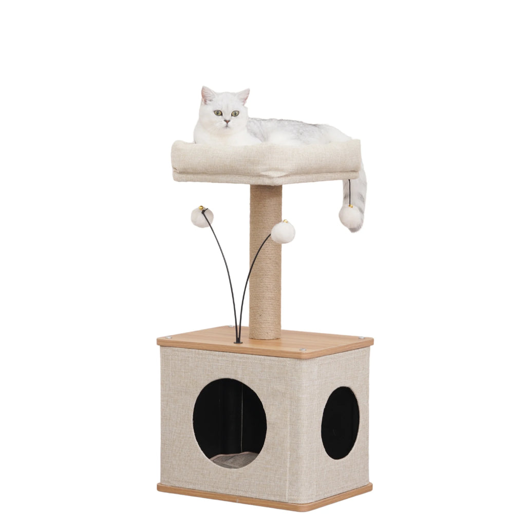 3-Level 30" Minimalist Cat Tree with Large Condo and Perch, 3 Toys, Beige