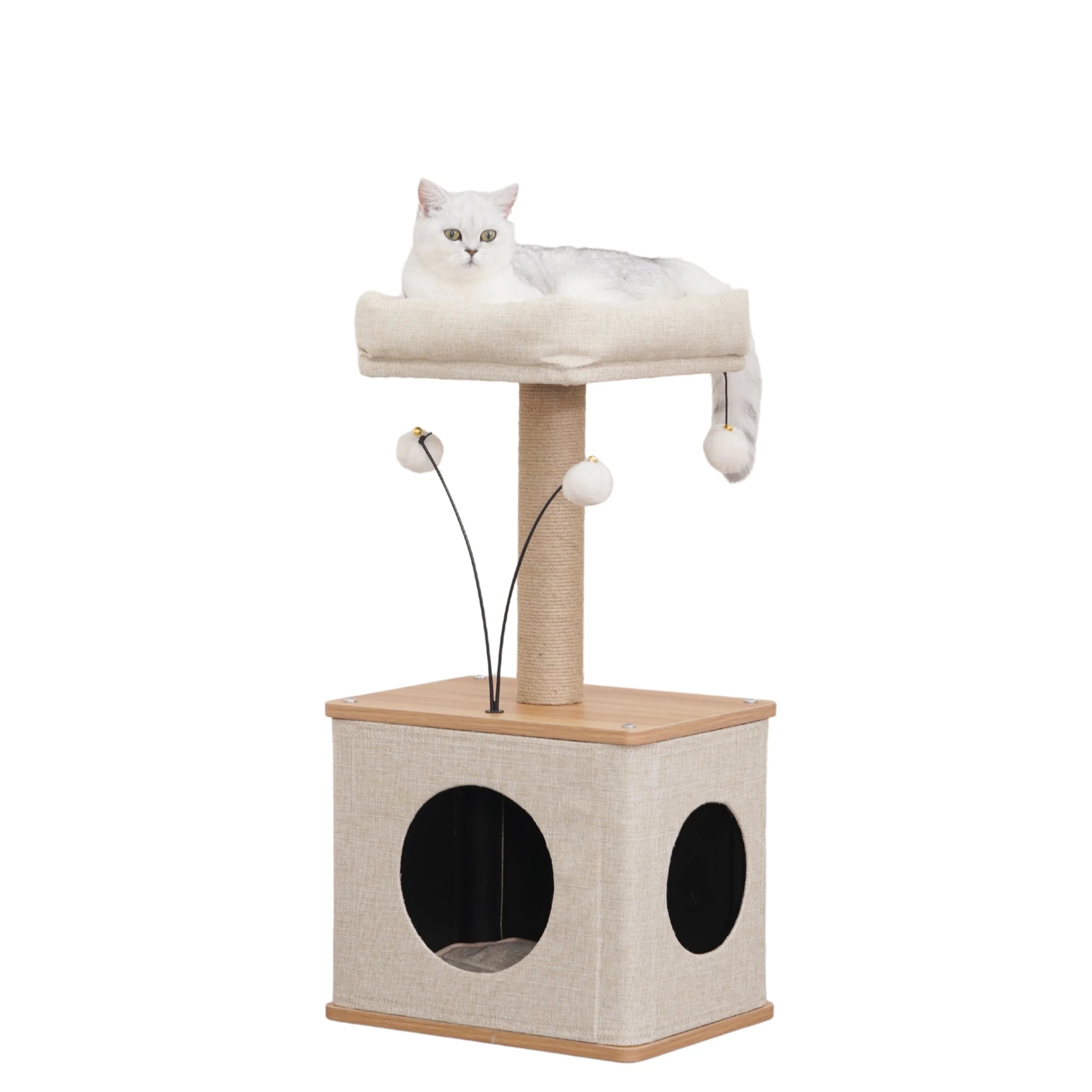 3-Level 30" Minimalist Cat Tree with Large Condo and Perch, 3 Toys, Beige