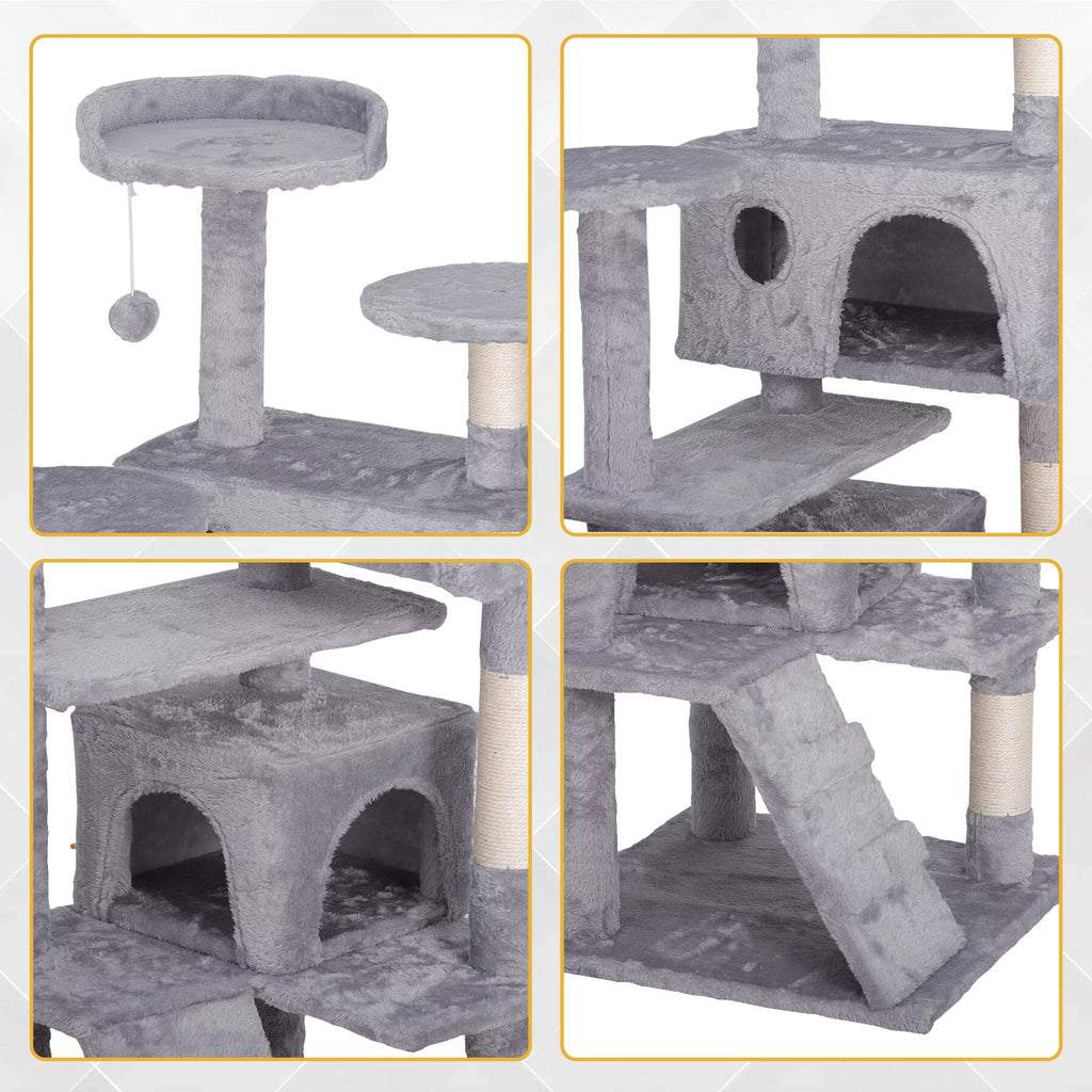 55-In H Cat Tree & Condo Scratching Post Tower, Light Gray
