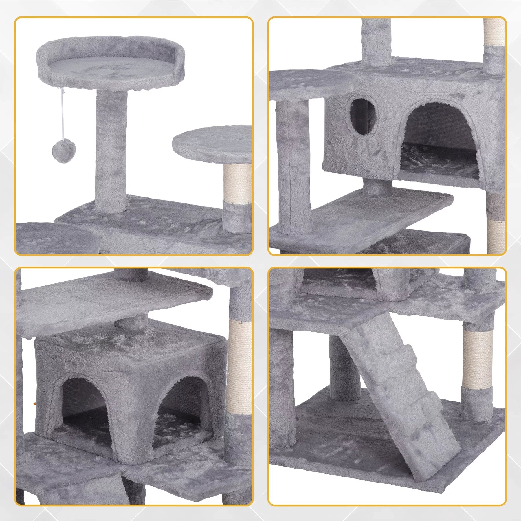 55-In H Cat Tree & Condo Scratching Post Tower, Light Gray