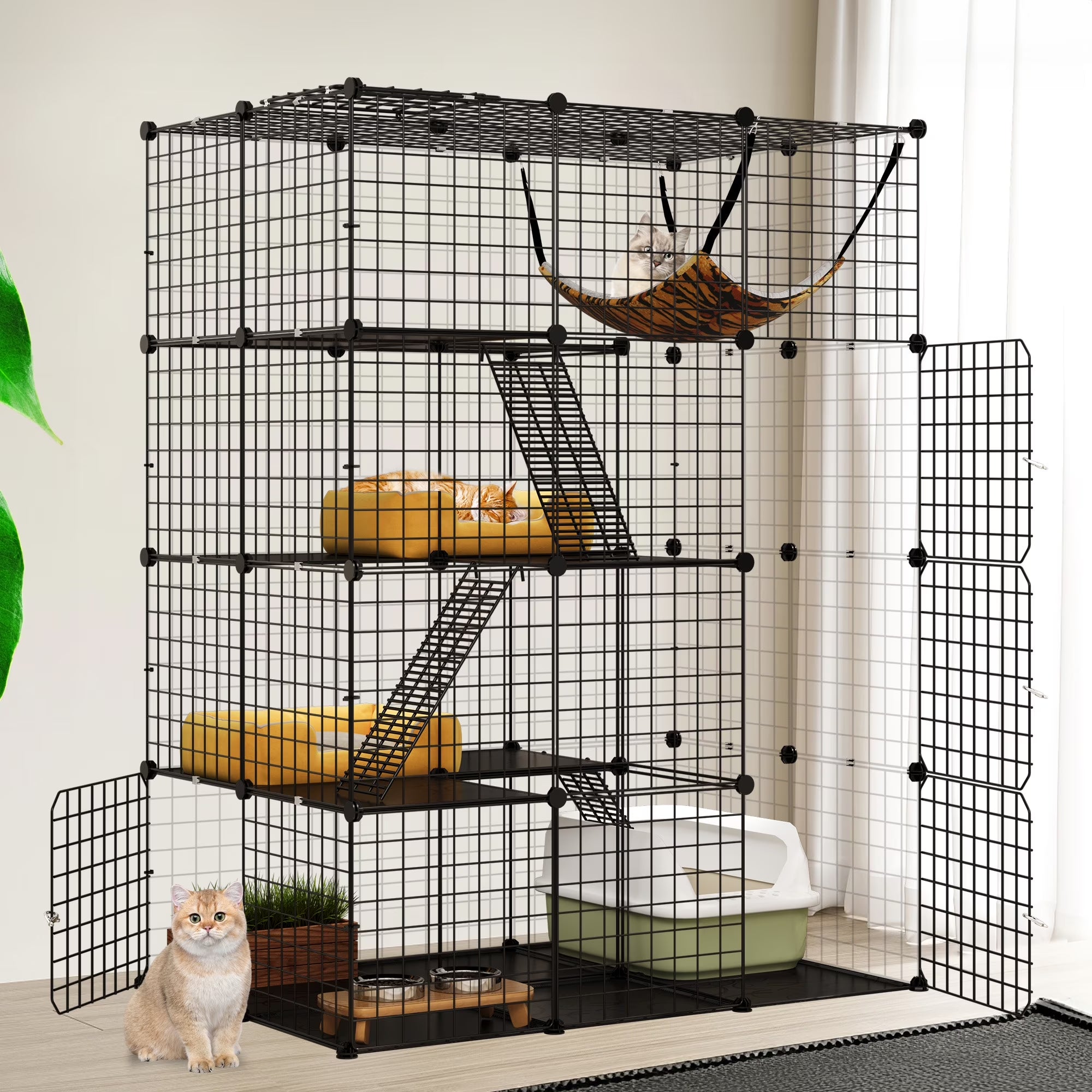 4-Tier Indoor Cat Cage, Cat Enclosure with Hammock, Large Metal Wire Cat Kennel DIY Cat Playpen Perfect for Multi-Cat Homes