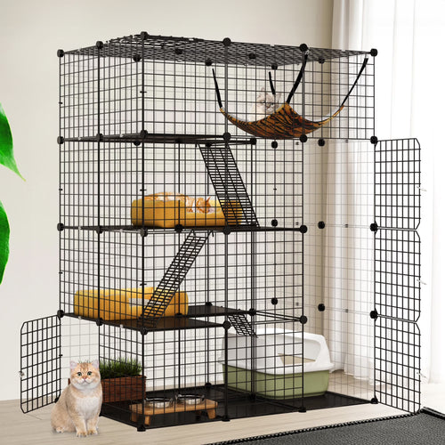 4-Tier Indoor Cat Cage, Cat Enclosure with Hammock, Large Metal Wire Cat Kennel DIY Cat Playpen Perfect for Multi-Cat Homes