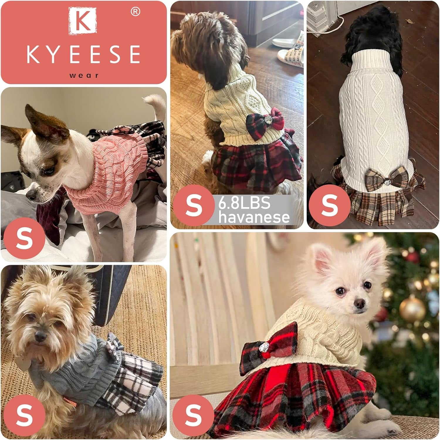 Dog Sweater Warm Pullover Pet Coats Comfy Dogs Clothes with Bowtie Turtleneck Cat Sweaters Thick Dog Sweaters for Small Dogs Male Stretchy Knitwear Pet Sweater Dress for Cold Weather Winter