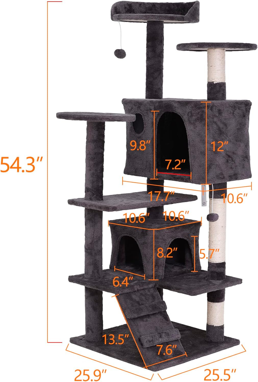 54 Inch Cat Tree, Indoor Cat Tower Condo, Multi-Level Cat House with Sisal-Covered Scratching Post + 2 Play House, Pet Cat Furniture, Grey