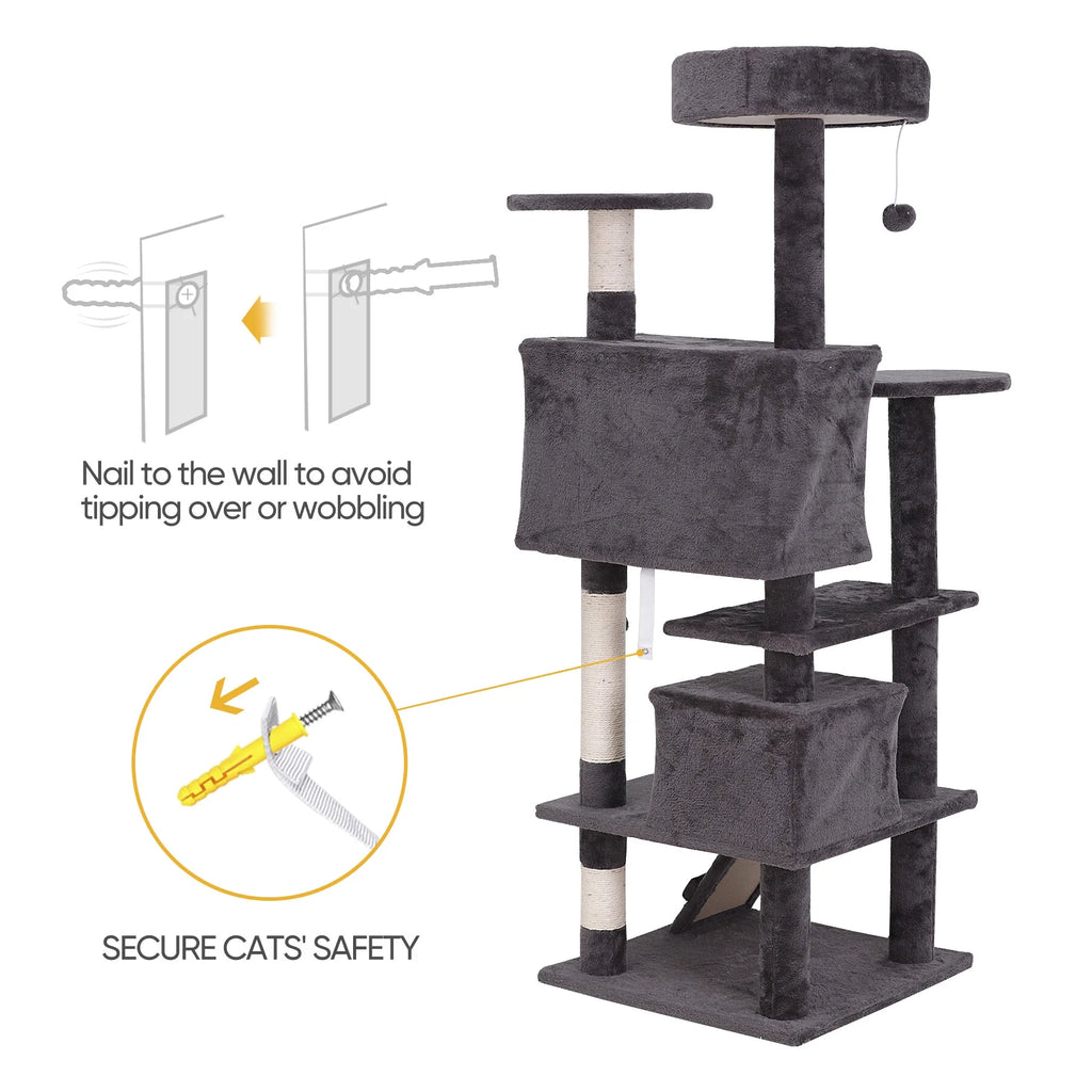 55-In Cat Tree & Condo Scratching Post Tower, Dark Gray