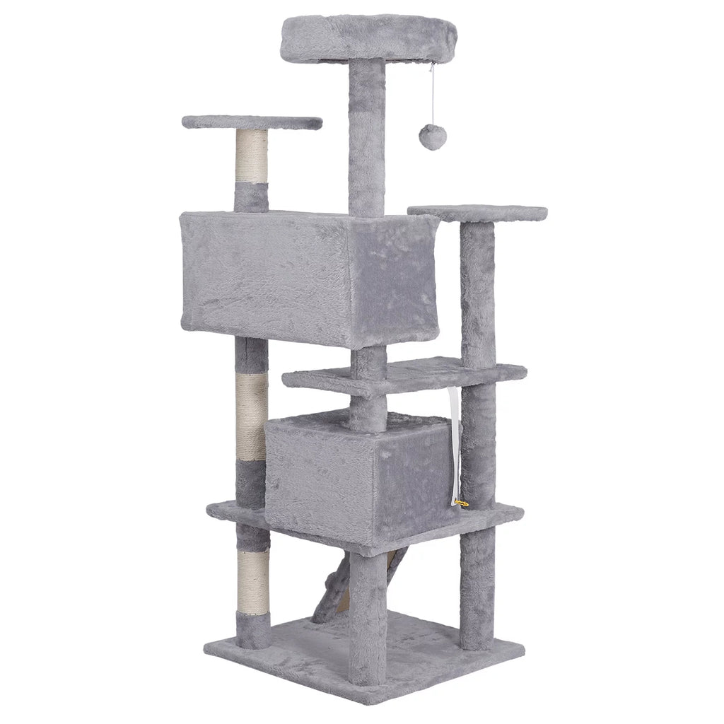 55-In H Cat Tree & Condo Scratching Post Tower, Light Gray
