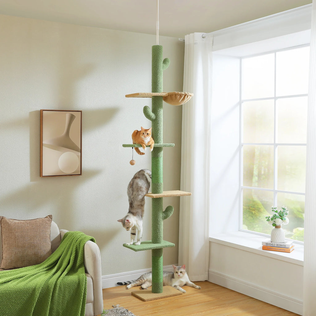 Tall Cat Tree Cactus Floor to Ceiling Cat Tower 95-108" Sisal Scratching Post for Indoor Cats