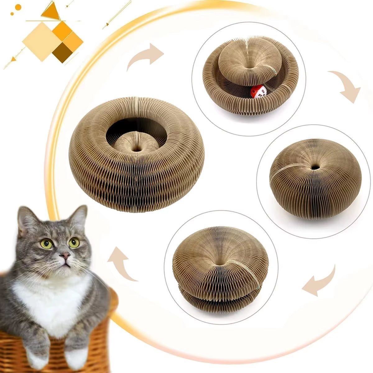 Foldable Magic Organ Cat Scratcher Scratch round Corrugated Scratching Cat Toys with Bell Interactive Toys Grinding Claw Toy