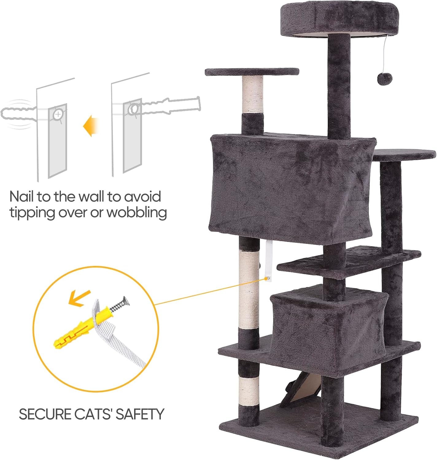 54 Inch Cat Tree, Indoor Cat Tower Condo, Multi-Level Cat House with Sisal-Covered Scratching Post + 2 Play House, Pet Cat Furniture, Grey
