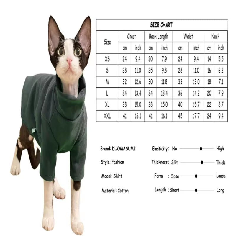 Sphynx Cat Clothes Pet Baby Soft Cotton Winter Cat Outfit for Cornish Solid Color Devon Hairless Cat Sweater Costume Pet Clothes
