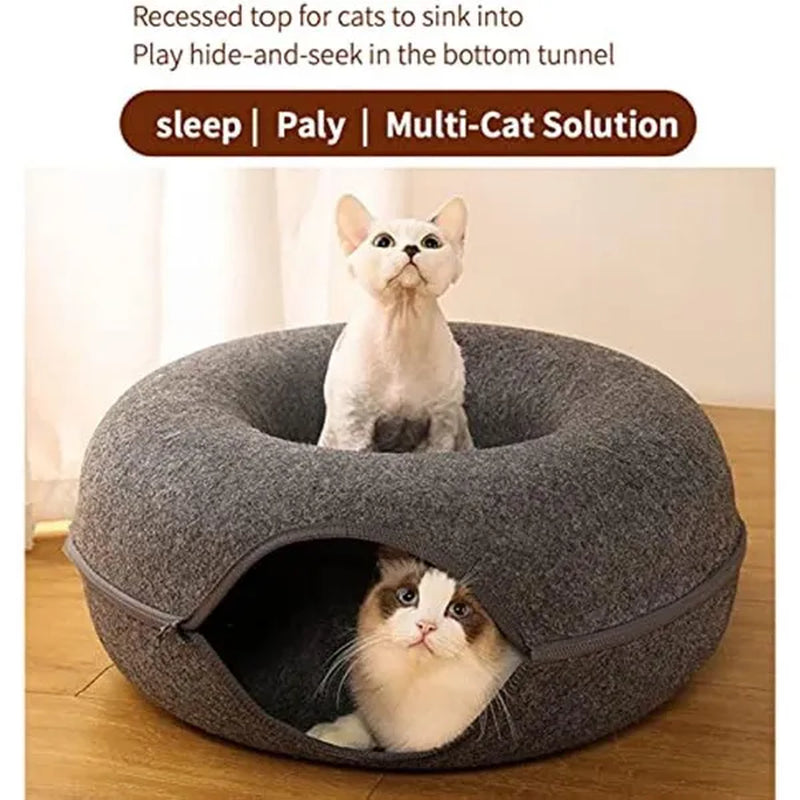 Cat Tunnel Bed Felt Tunnel Cat Nest,Round Felt Donut Cat Nest, Removable Cat Bed House Nest with Zipper Four Seasons for Small Dog Cat Puppy Sleeping