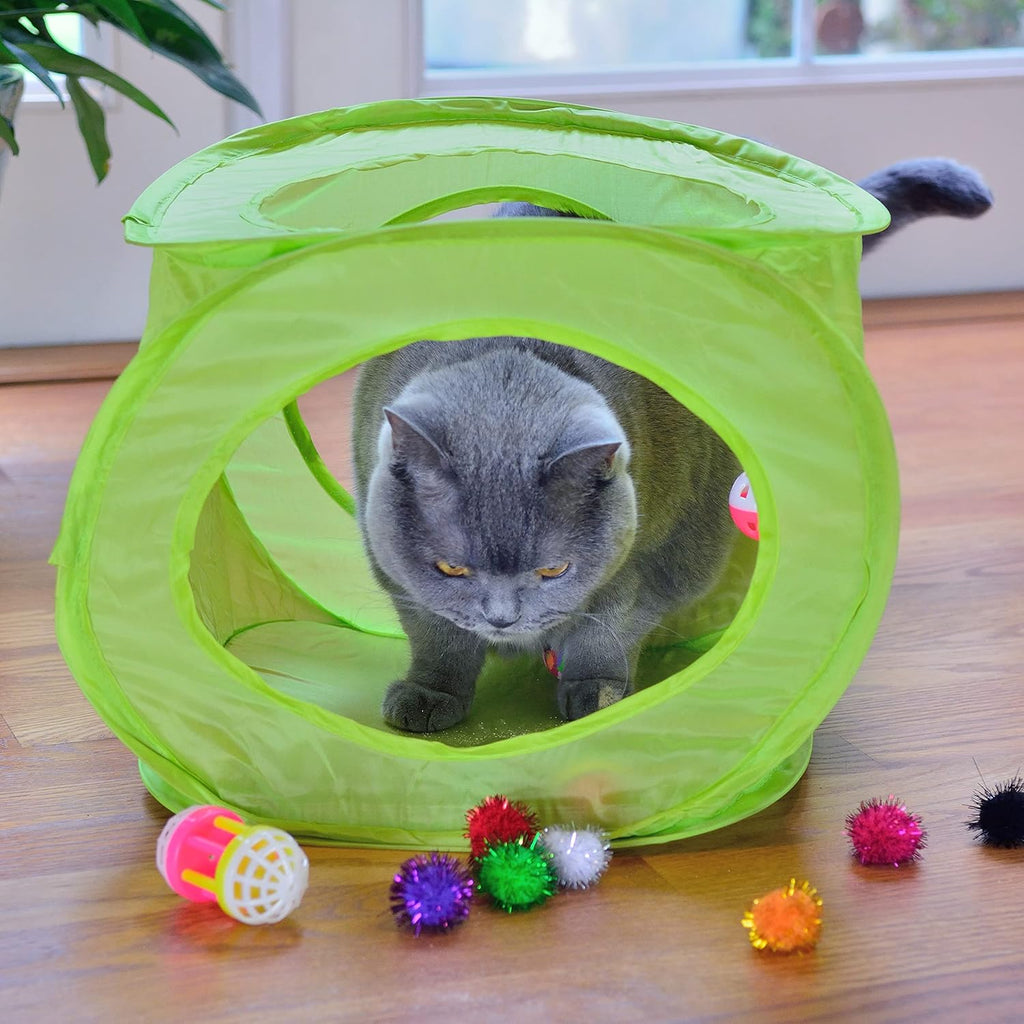 18 Cat Toys Kitten Toys Assortments, Cat Teaser Wand, Interactive Bell Toy, Sparkle Balls for Cat, Puppy, Kitty, Kitten (With Square Tunnel and Scratching Mat)