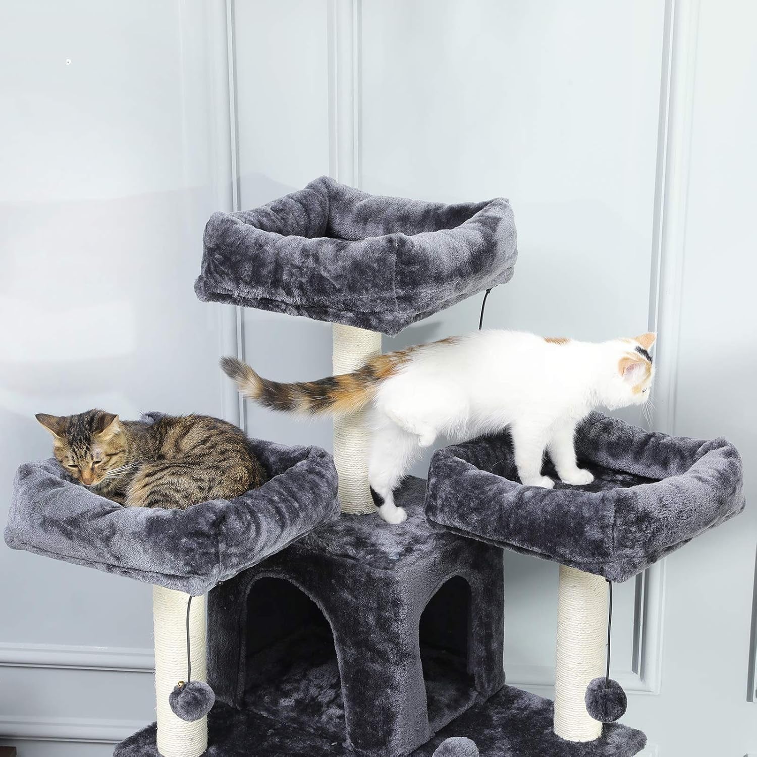 67" Large Cat Tree, Multi-Level Cat Tower with 3 Top Perches, 2 High Plush Condos, Scratching Posts, Stable Activity Center with Pedals/Hammock/Spring Ball for Kitten/Big Cat (Smoke Grey 1)
