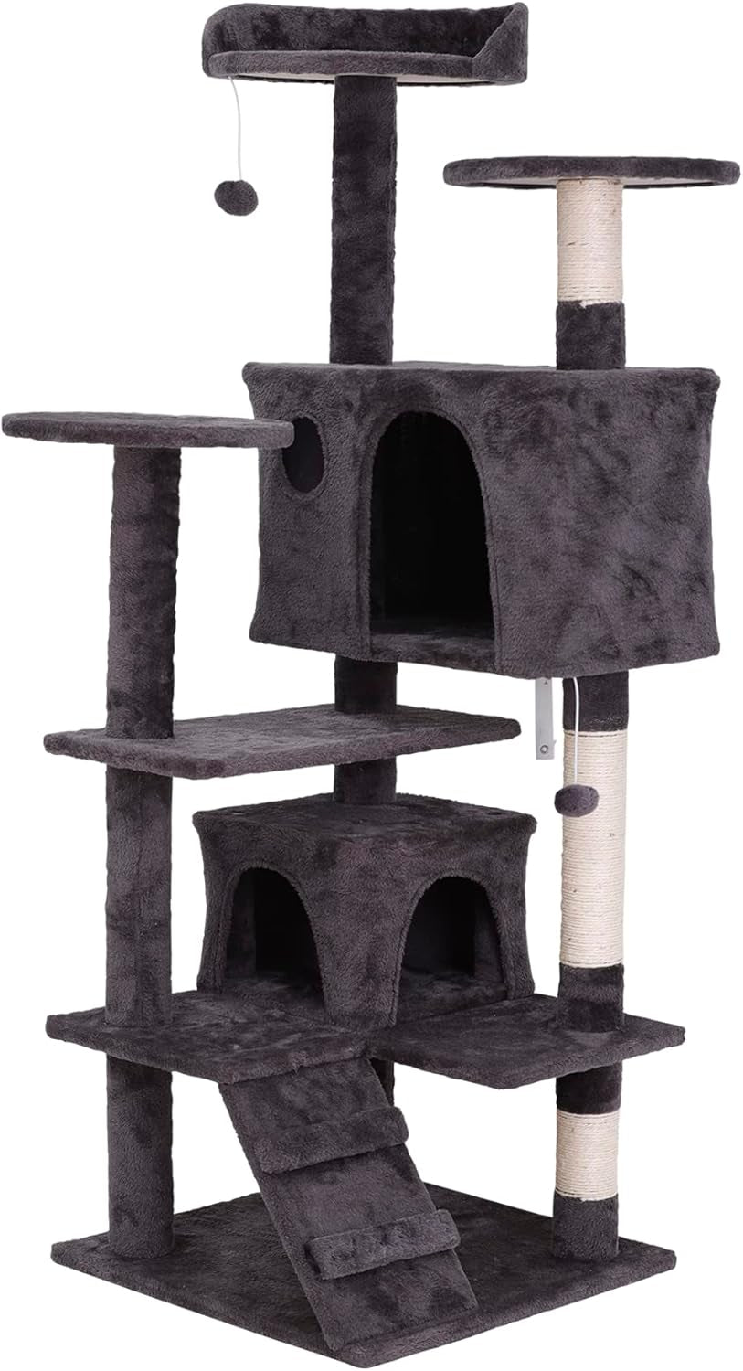 54 Inch Cat Tree, Indoor Cat Tower Condo, Multi-Level Cat House with Sisal-Covered Scratching Post + 2 Play House, Pet Cat Furniture, Grey
