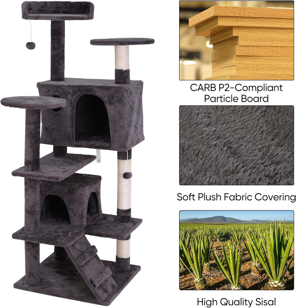 54 Inch Cat Tree, Indoor Cat Tower Condo, Multi-Level Cat House with Sisal-Covered Scratching Post + 2 Play House, Pet Cat Furniture, Grey