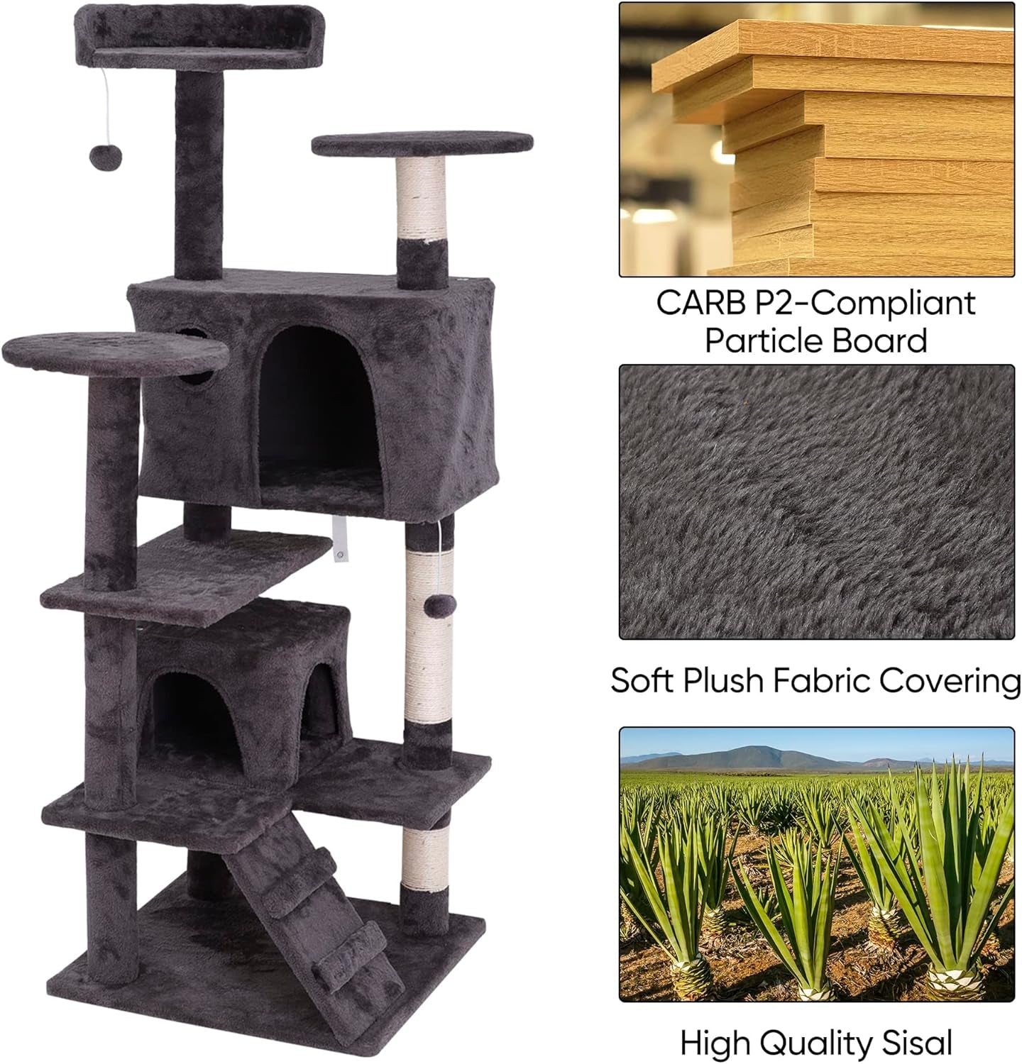 54 Inch Cat Tree, Indoor Cat Tower Condo, Multi-Level Cat House with Sisal-Covered Scratching Post + 2 Play House, Pet Cat Furniture, Grey