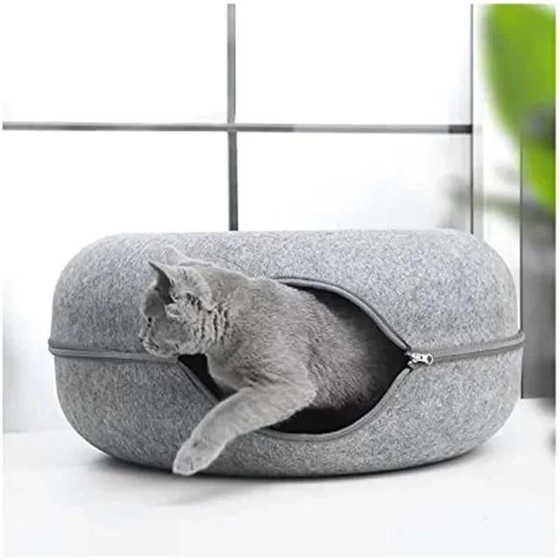 Cat Tunnel Bed Felt Tunnel Cat Nest,Round Felt Donut Cat Nest, Removable Cat Bed House Nest with Zipper Four Seasons for Small Dog Cat Puppy Sleeping