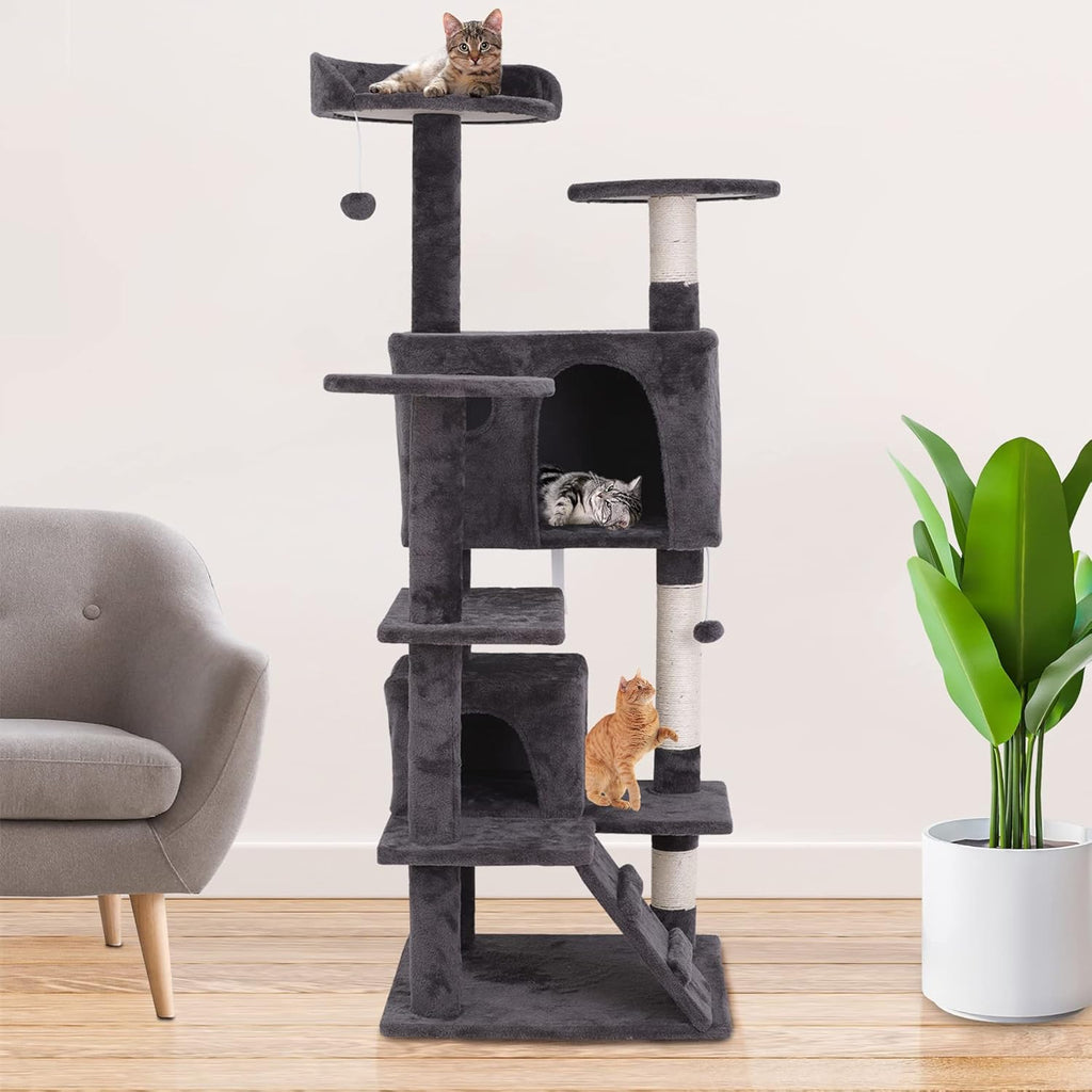 54 Inch Cat Tree, Indoor Cat Tower Condo, Multi-Level Cat House with Sisal-Covered Scratching Post + 2 Play House, Pet Cat Furniture, Grey