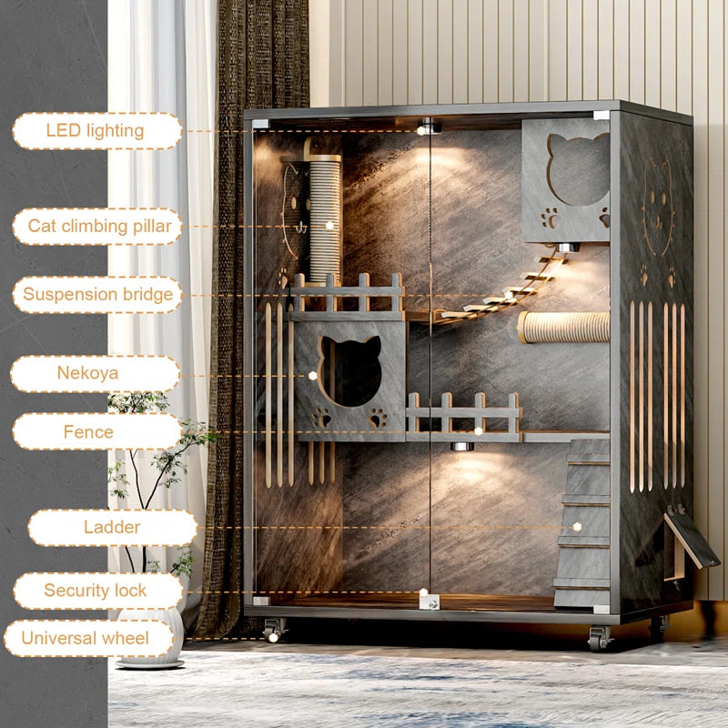 Desara Wooden Cat Villa, Large Cat Enclosure, Indoor Enclosed Cat House