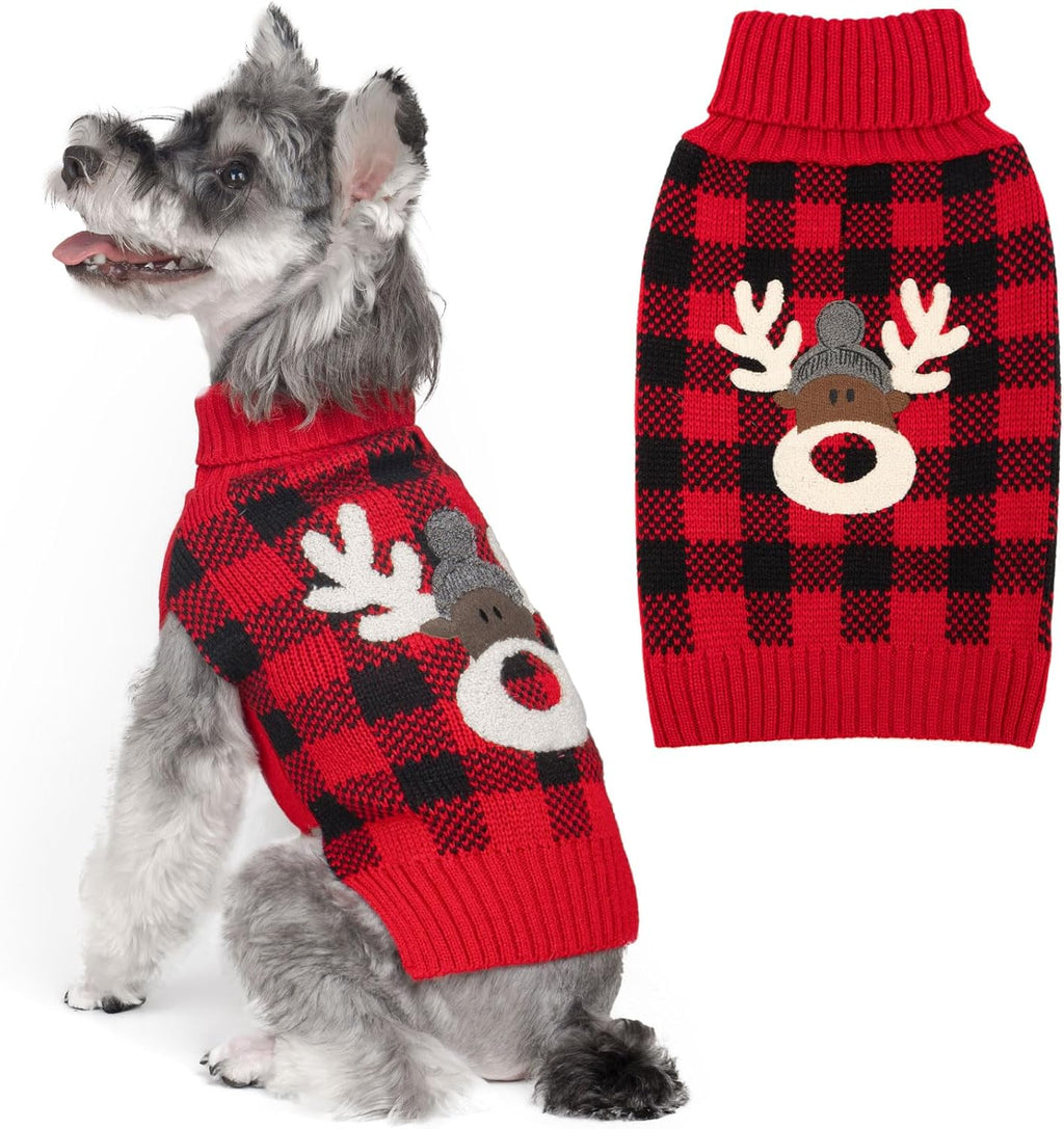 Dog Christmas Sweater with Reindeer Pattern Cozy Winter Outfit Boy Girl Red Buffalo Plaid Knitwear Turtleneck Dog Sweater for Small Dogs with Leash Hole Soft Warm Pet Clothes, Small