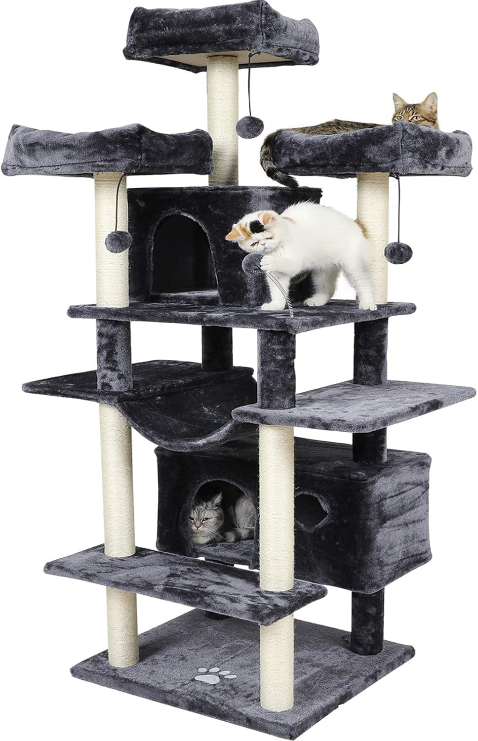 67" Large Cat Tree, Multi-Level Cat Tower with 3 Top Perches, 2 High Plush Condos, Scratching Posts, Stable Activity Center with Pedals/Hammock/Spring Ball for Kitten/Big Cat (Smoke Grey 1)