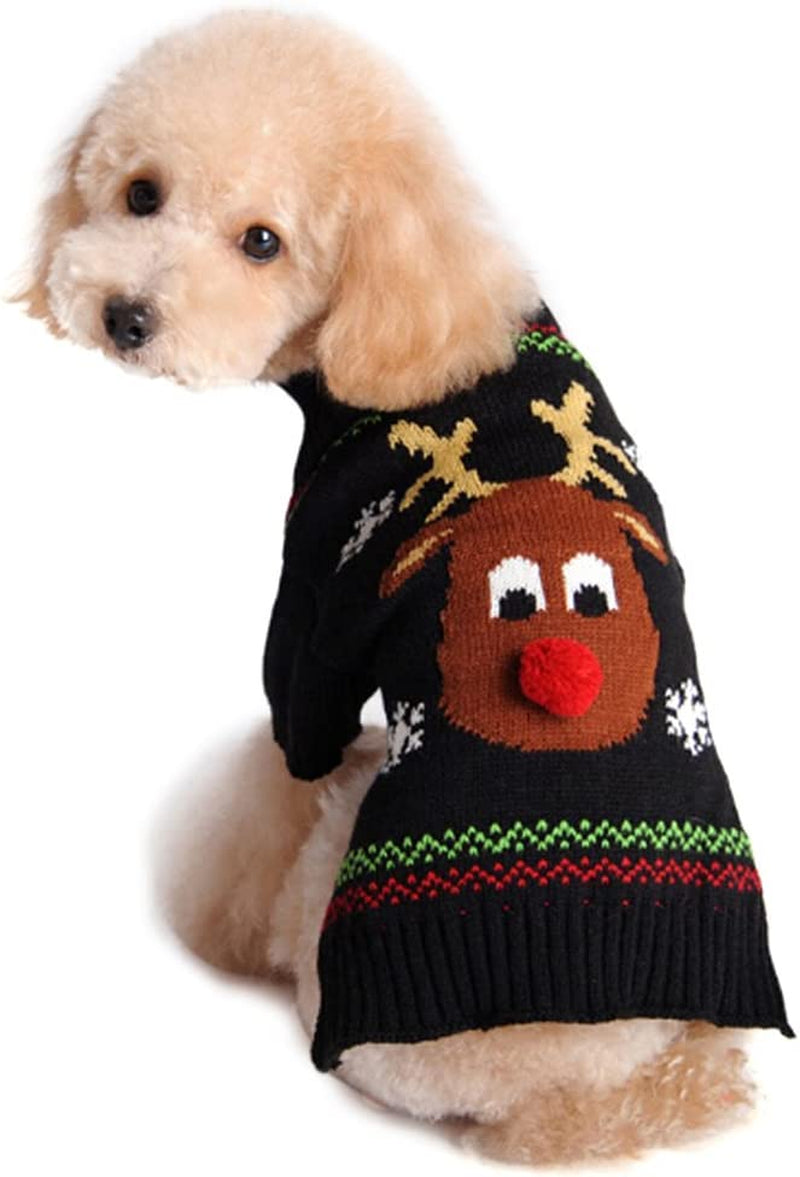 Pet Holiday Festive Deer Reindeer Cat Sweater Dog Sweater Winter Clothing Teddy Poodle Autumn Winter Clothes Pet Clothes Dog Clothes (Red Nose, Small)