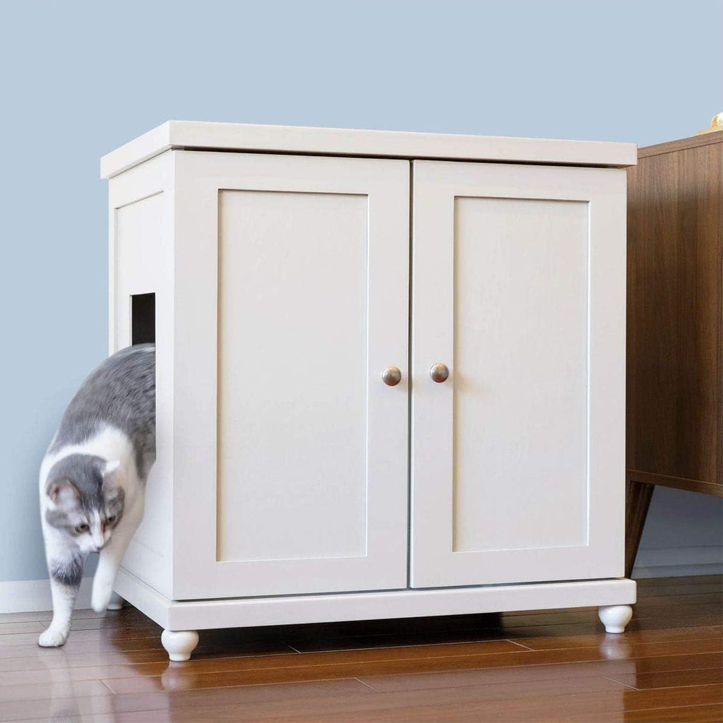 Cat Litter Box Enclosure Cabinet, Modern, White, Tulip Feet, Large, Hidden Litter Cat Furniture with Drawer