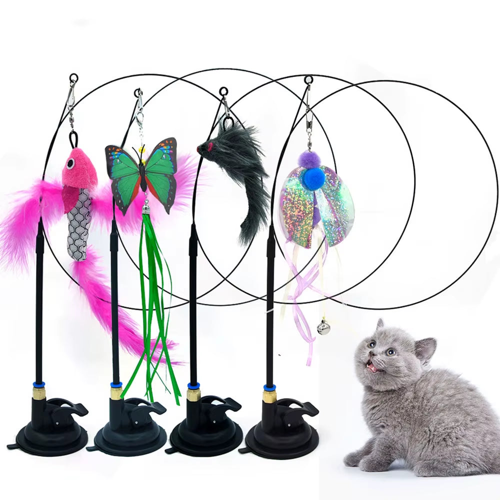 Funny Cat Toys Suction Cup Steel Wire Interactive Cat Teasing Stick Mouse Feather Butterfly Replacement Head Pet Supplies