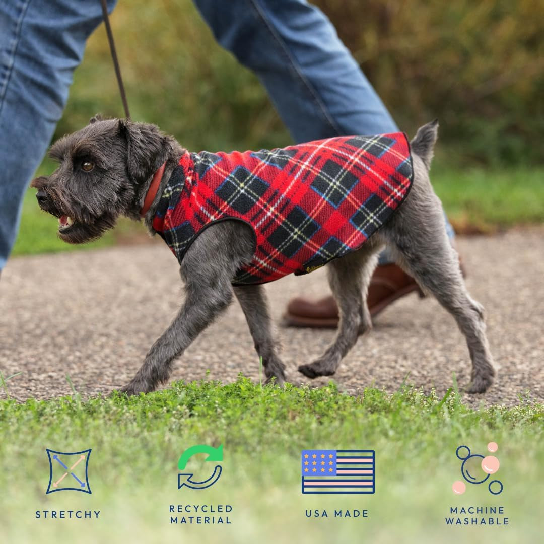 Goldpaw Stretchy Fleece Jacket for Small Dogs - Super Soft, Warm Dog Sweater - Pet Sweater Vest for Fall and Winter - Canine Clothes Made in the USA - Machine Washable - Mulberry Plaid - Size 12