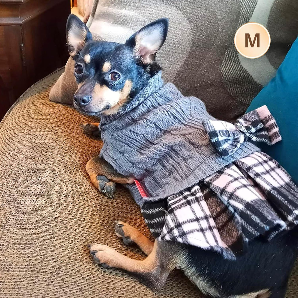 Dog Sweater Stretchy Knitwear Pet Sweater Dress Soft Turtleneck Cat Sweaters Comfy Dogs Clothes with Bowtie Warm Pullover Pet Coats Thick Dog Sweaters for Small Dogs Male, Grey, Medium
